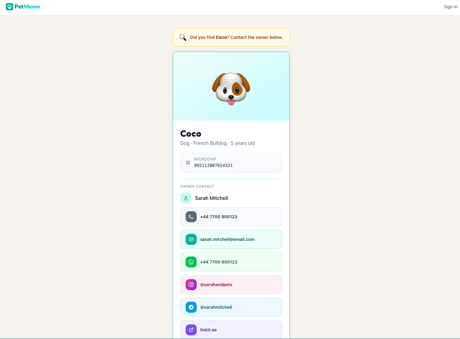 Coco's public pet profile showing contact details